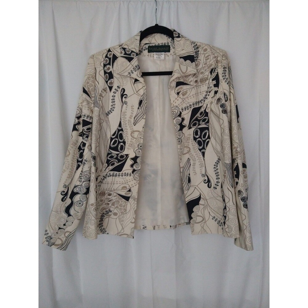 Vintage 80s Harve Benard Sz 10 Tan Open Front Blazer Jacket Linen Blend Abstract